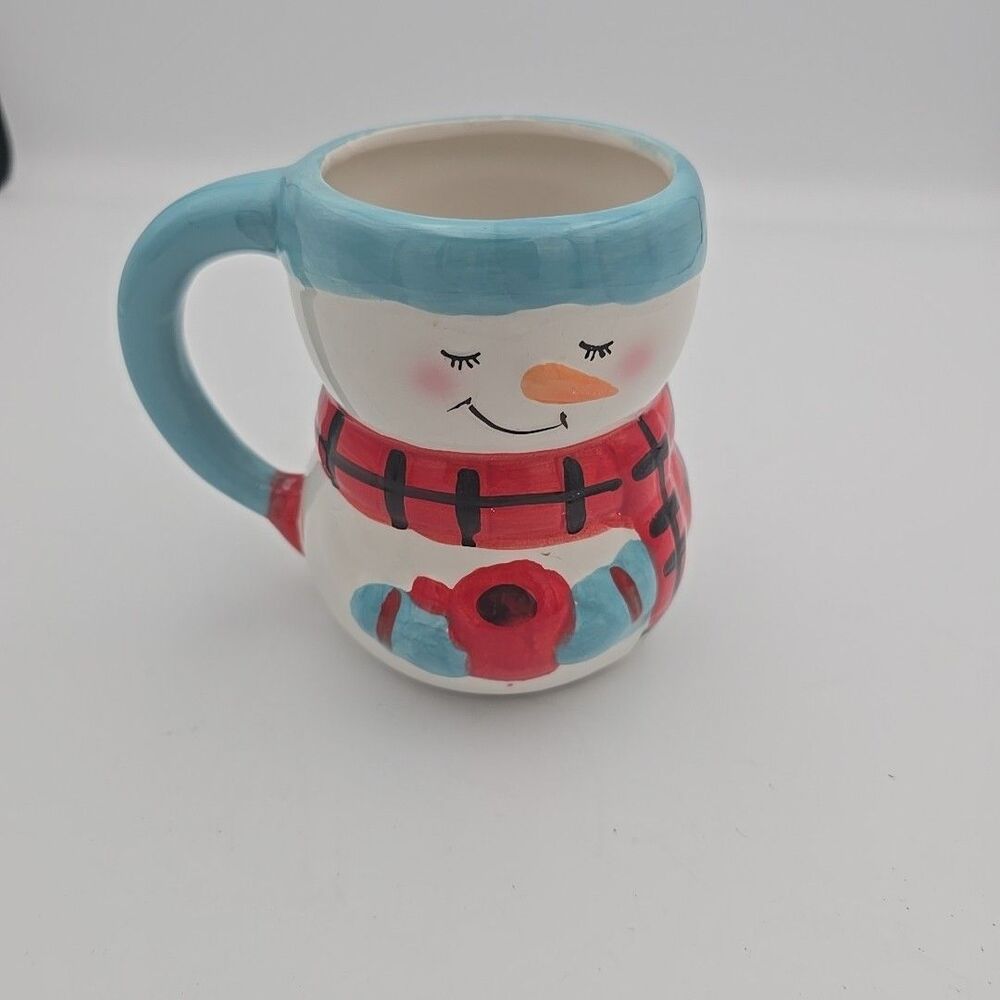 Bay Island Blue and Red Snowman Coffee Cup Mug Close Eyes